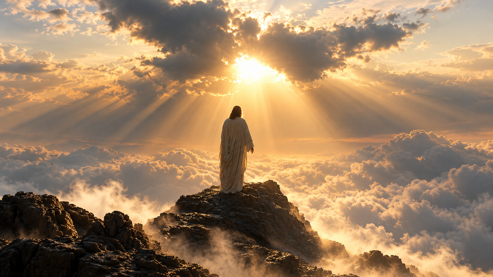 Jesus de costas sobre uma rocha, diante de um mar de nuvens iluminado pelo sol
