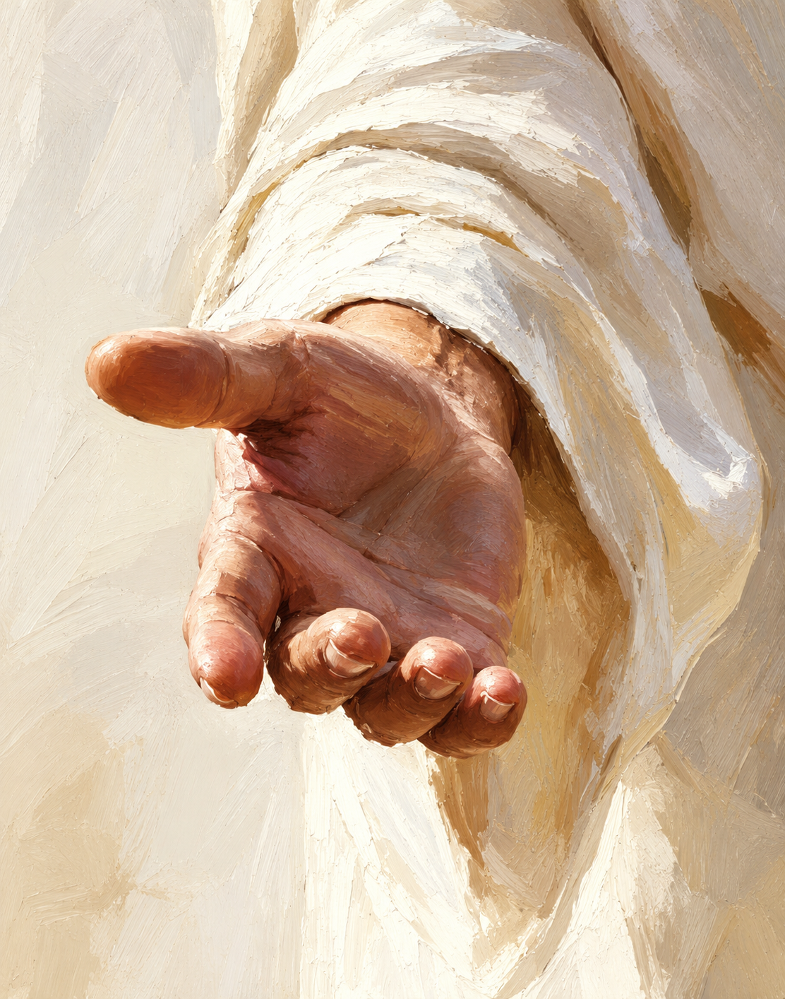 Pintura da mão de Jesus estendida, com vestes claras