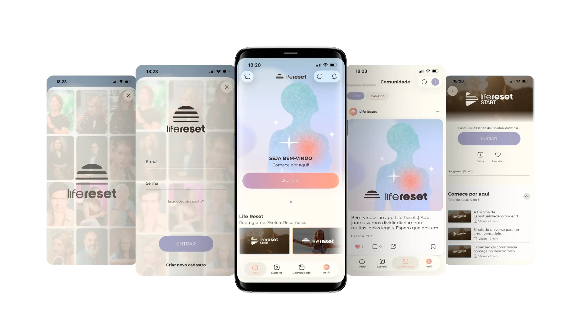 Telas do aplicativo Life Reset: login, início, comunidade e aulas